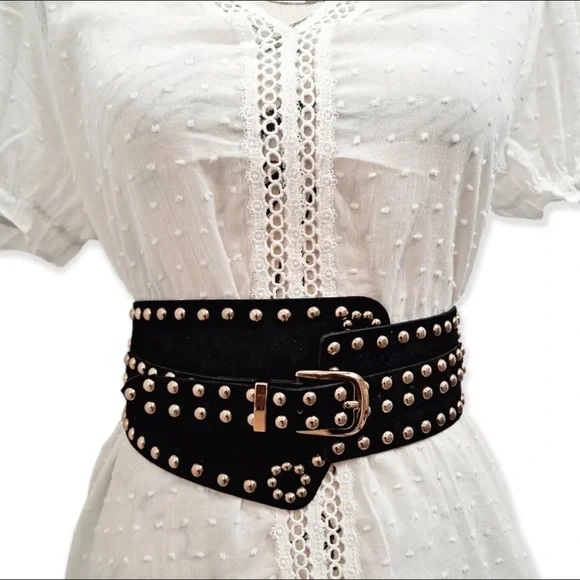 Black vegan faux suede corset gold studs punk wide boho waist belt - Picture 1 of 14